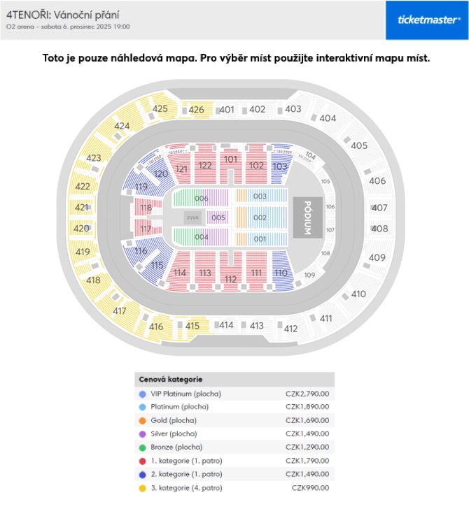 Náhledová mapa míst  pro 4 Tenoři – koncert je pouze orientační