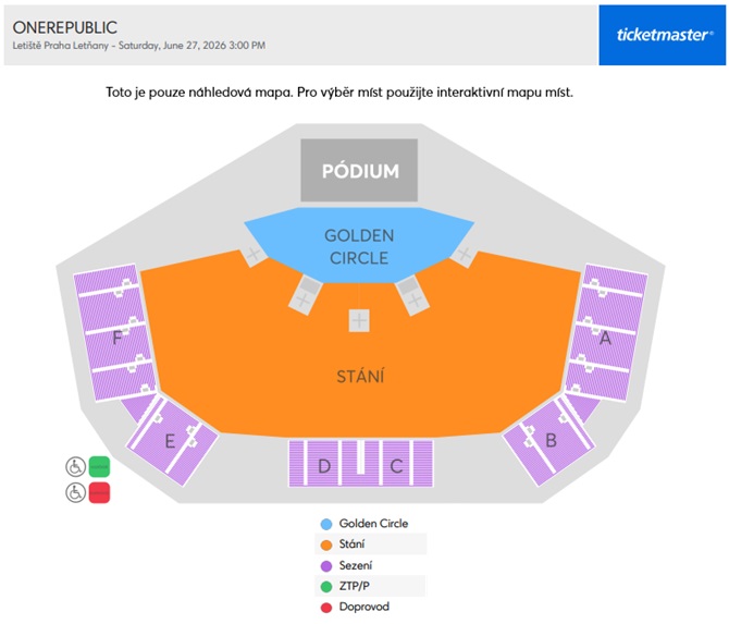Náhledová mapa míst  pro OneRepublic je pouze orientační