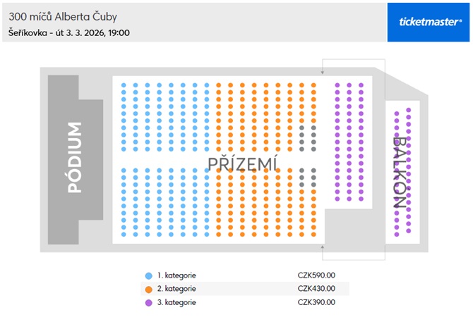 Náhledová mapa míst  pro 300 míčů Alberta Čuby je pouze orientační