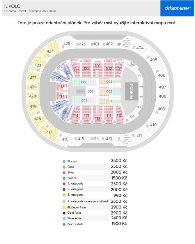 Náhledová mapa míst  pro Il Volo je pouze orientační