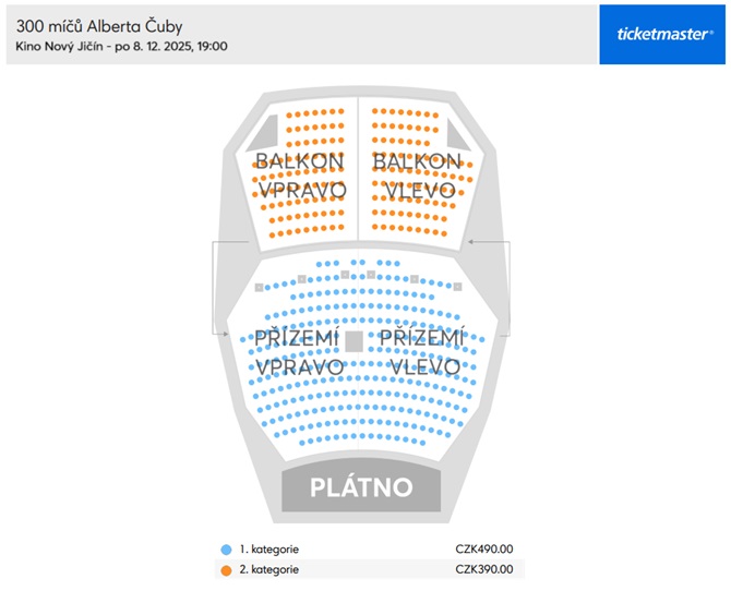 Náhledová mapa míst  pro 300 míčů Alberta Čuby je pouze orientační
