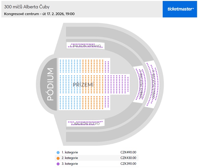 Náhledová mapa míst  pro 300 míčů Alberta Čuby je pouze orientační