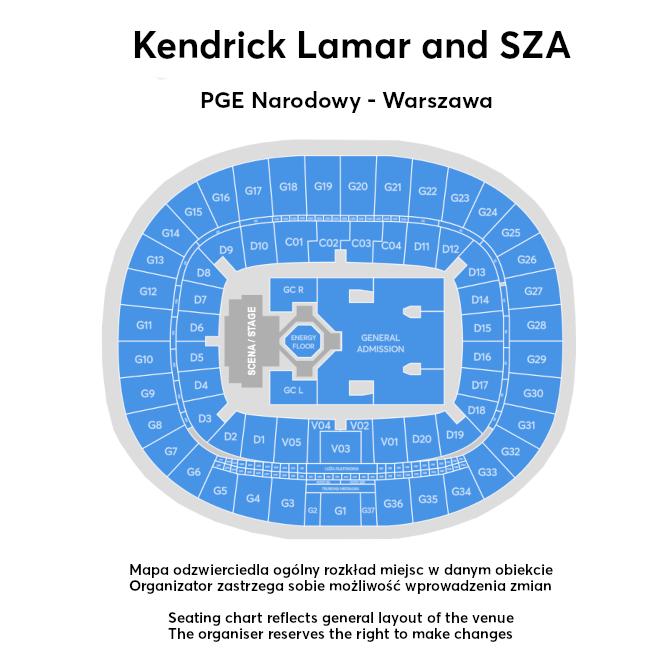 Plan miejsc w obiekcie Kendrick Lamar wyłącznie w celach informacyjnych